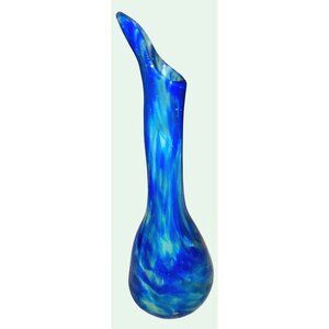 Hand Blown Blue & White Swirl Art Glass Vase With Abstract Fluted Rim 10 Inches